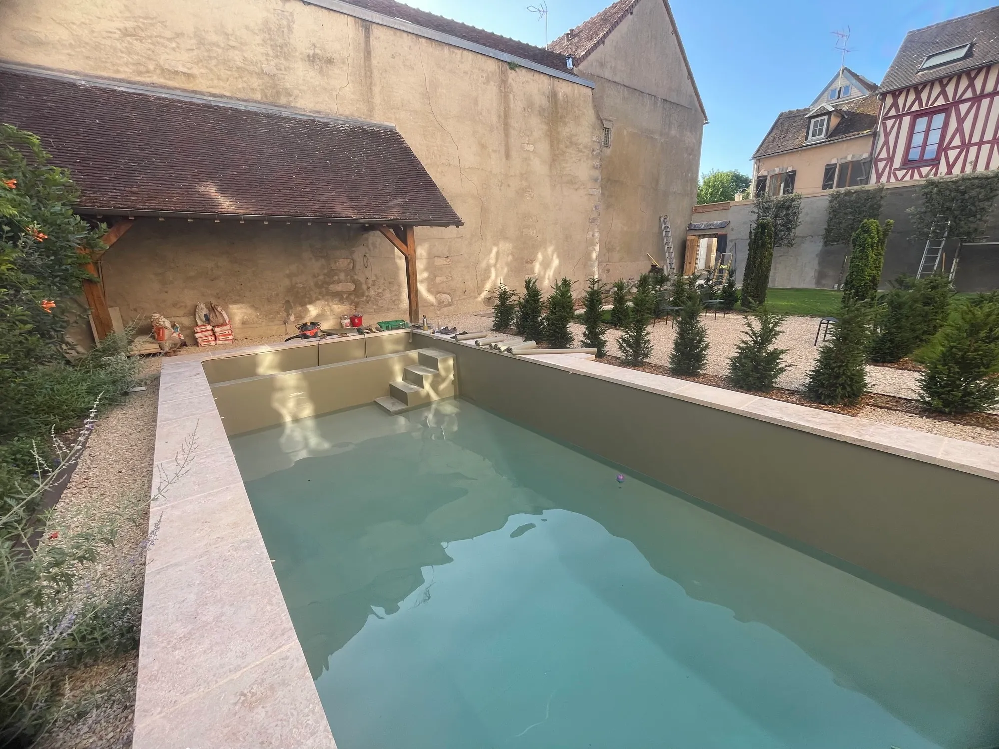 Bassin rempli, terrasse et auvent bois avec mobilier