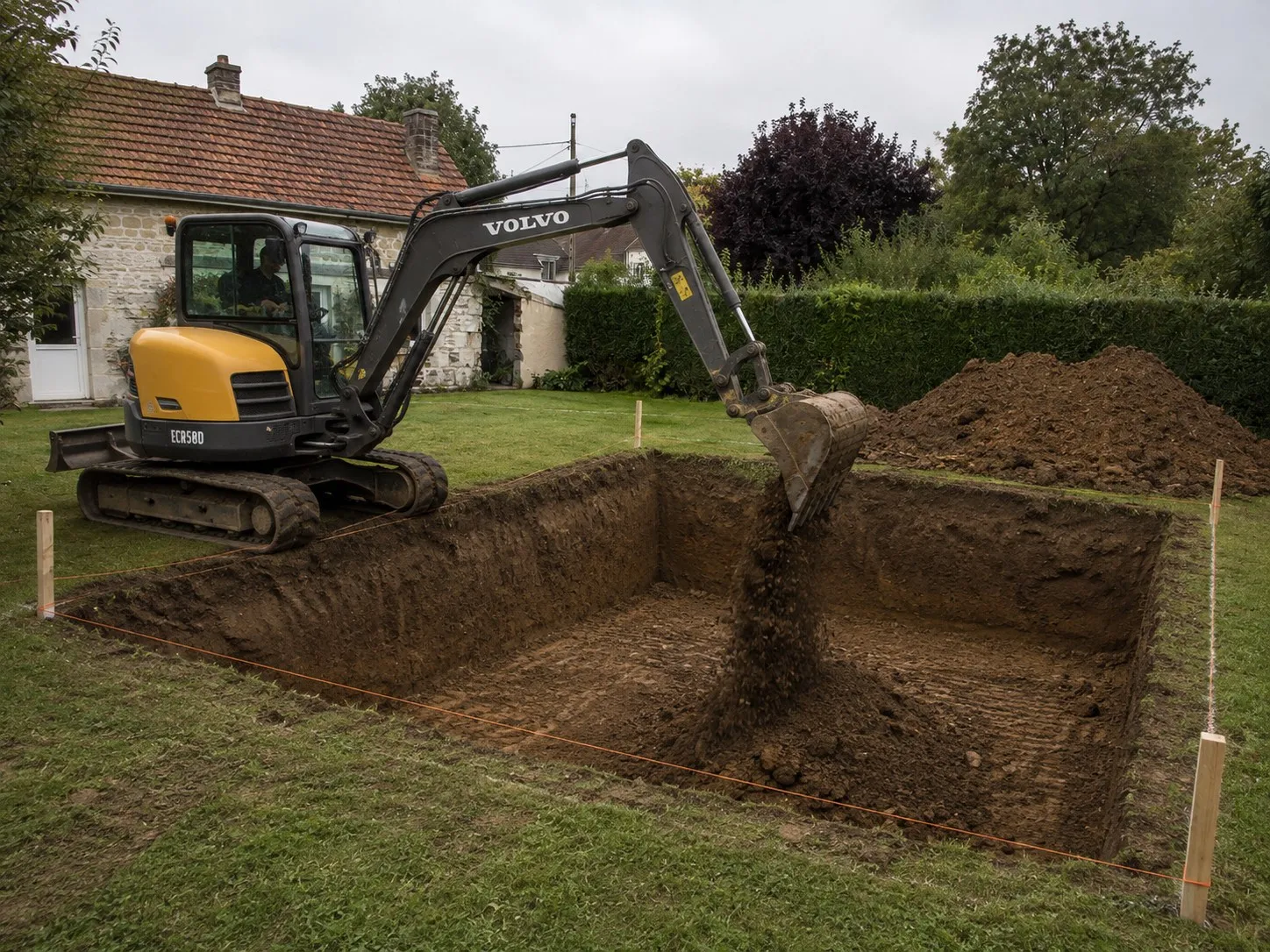 Mini-pelle déversant la terre au bord d’une fouille rectangulaire, cordeaux d’implantation encore en place